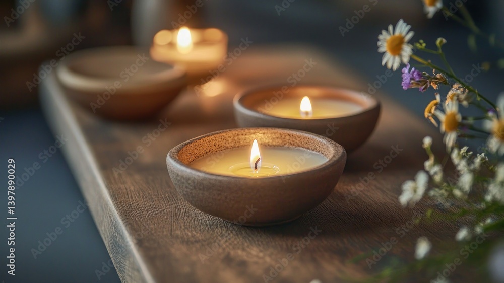 Lit candles in bowls, daisies create a calm and warm, relaxing atmosphere. Lit candles in bowls, daisies create a calm and warm, relaxing atmosphere.
