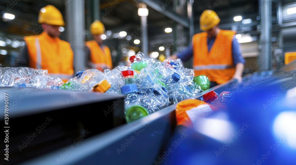 Fototapeta premium Recycling workers sorting plastic bottles in facility, showcasing teamwork and sustainability