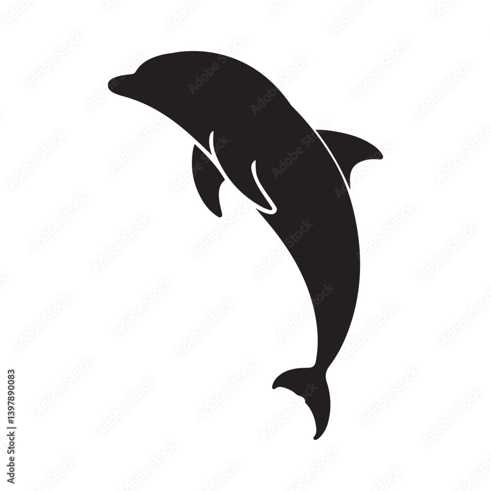 Naklejka premium Black dolphin silhouette leaping above waves, ideal for marine-themed artwork.
