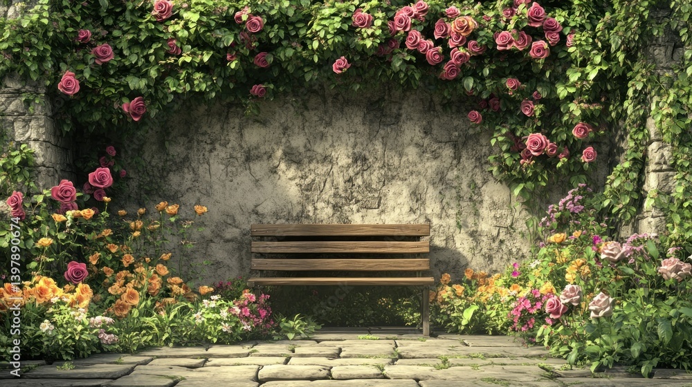 Obraz premium Rose garden bench, wall, patio, sunlight