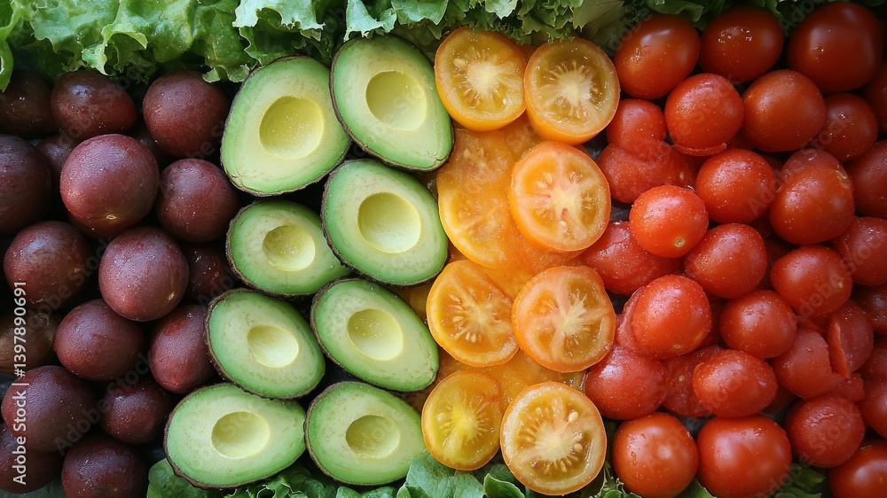 Vibrant and colorful photo of ripe avocados, tomatoes, and lettuce arranged. Vibrant and colorful photo of ripe avocados, tomatoes, and lettuce arranged.