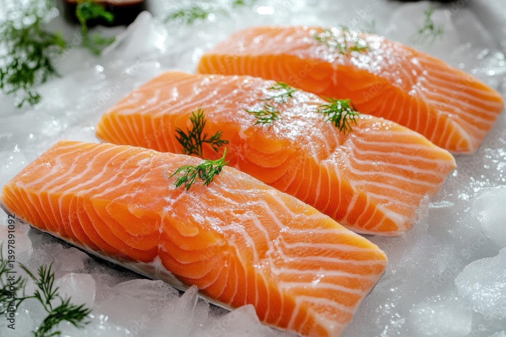 Fresh raw salmon fillets showcasing vibrant color and texture on ice with herbs Fresh raw salmon fillets showcasing vibrant color and texture on ice with herbs
