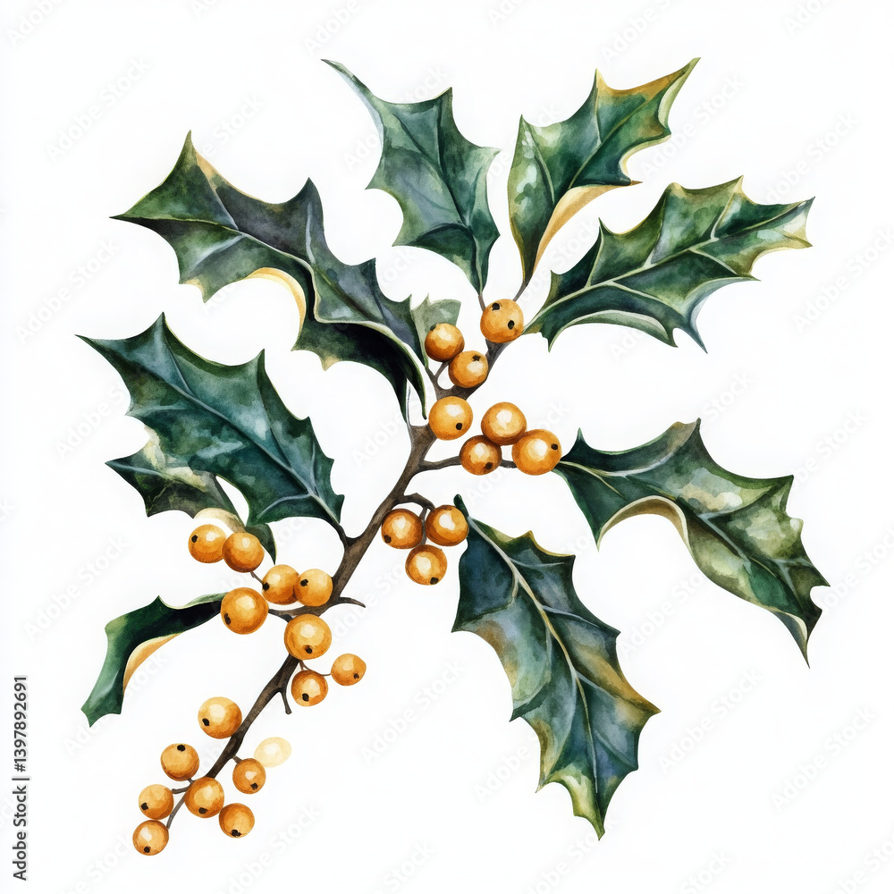 Fototapeta premium beautiful illustration of holly leaves and berries, showcasing vibrant green foliage and golden