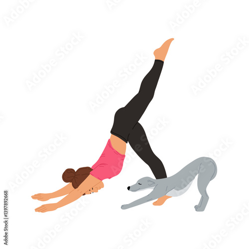 Woman practicing yoga exercise with cute cat at home. Happy person doing stretching workout with pet. Young female working out with dog. Flat vector illustration isolated on white background