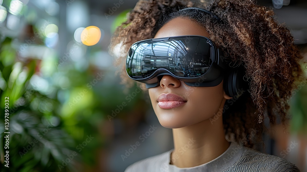 Woman using virtual reality headset to design a product showroom