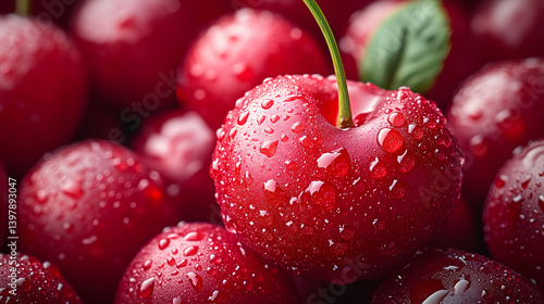 Fresh red cherry with water droplets and green stem in close-up view