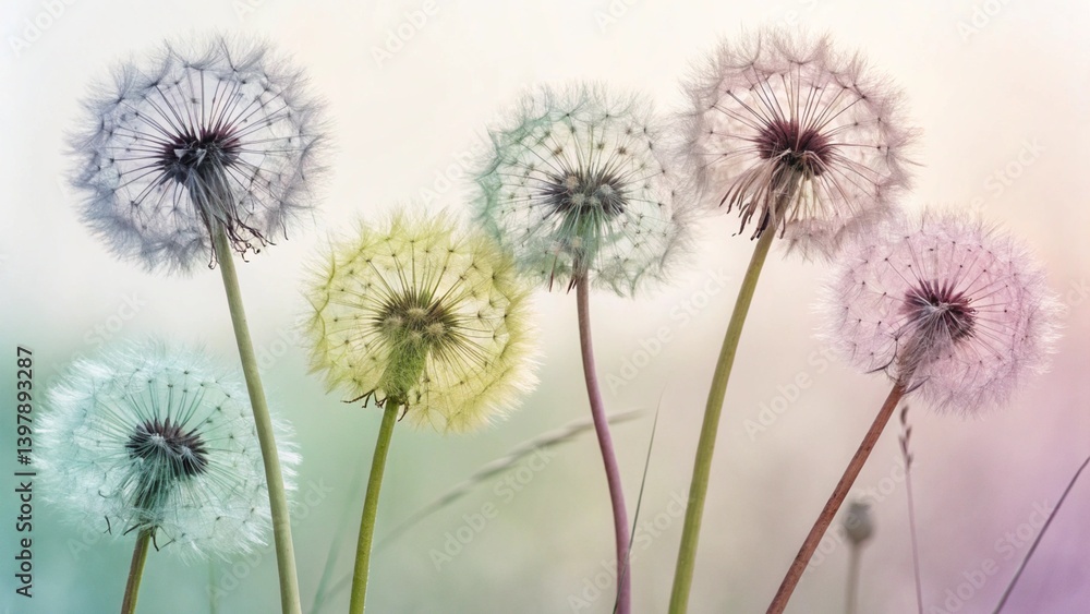 Dreamlike photo of five soft dandelion heads, each uniquely dyed: pale ash, chartreuse Dreamlike photo of five soft dandelion heads, each uniquely dyed: pale ash, chartreuse