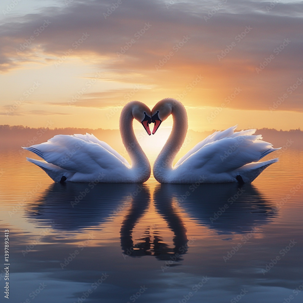 Fototapeta premium Romantic Swans at Sunset Love Nature Wildlife Heart Shape