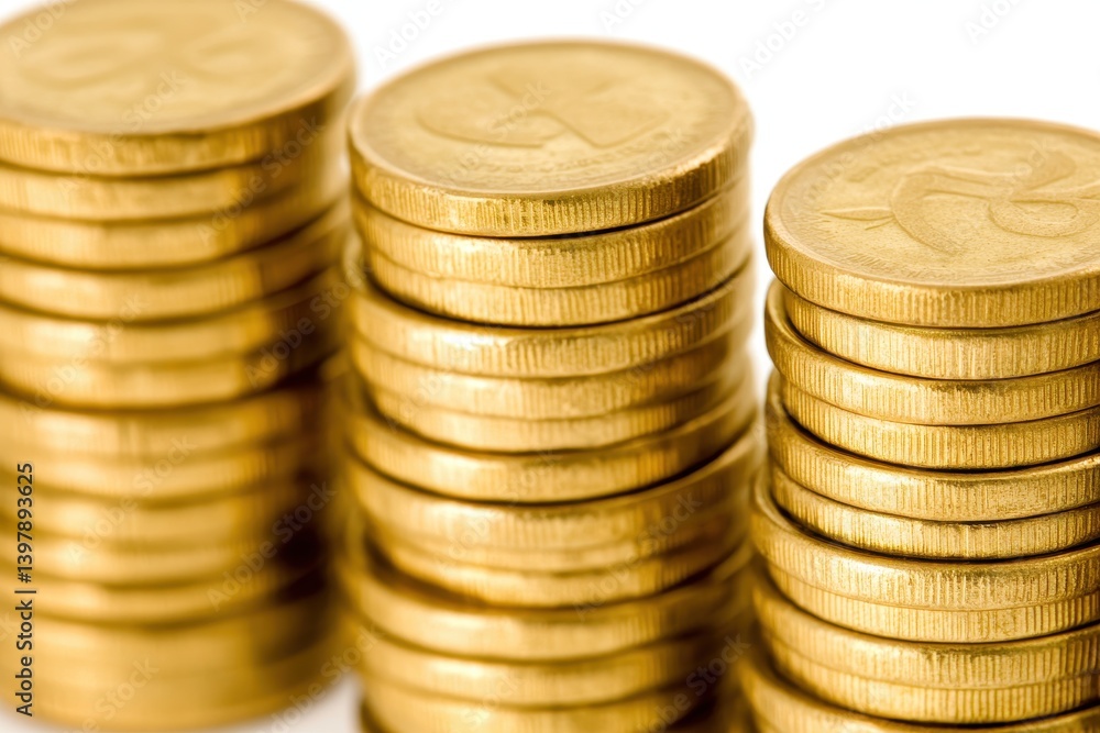 Gold coins stacked in neat rows against white background Gold coins stacked in neat rows against white background