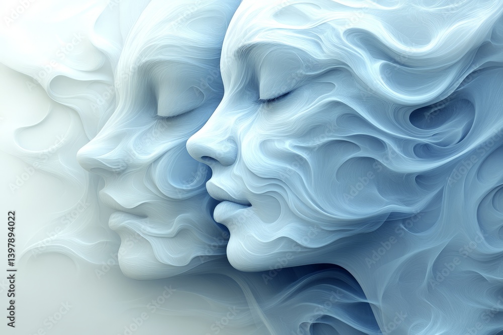 Obraz premium Surreal twin faces in dreamlike ethereal blue smoke abstract art