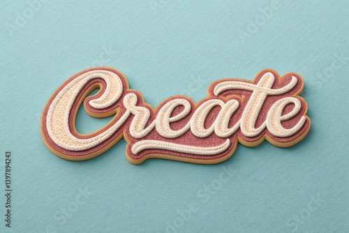 Word ‘Create’ written in retro script font with puff embroidery patch effect isolated on transparent background. 3D rendering - generated by ai