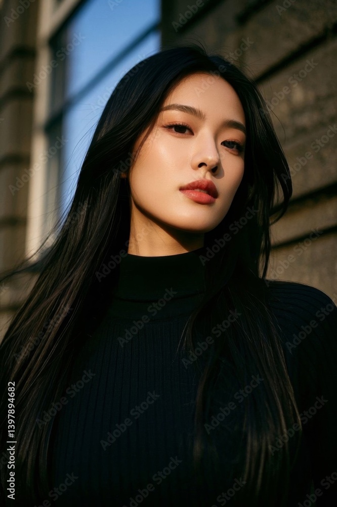 a close up of a woman with long black hair wearing a black turtle neck sweater a close up of a woman with long black hair wearing a black turtle neck sweater