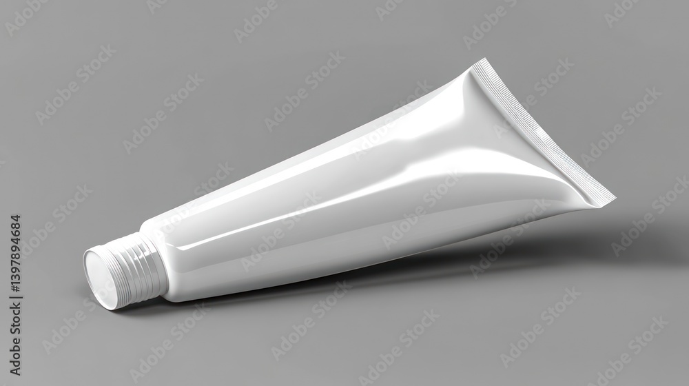 A shiny white cosmetic tube laying on a solid neutral surface A shiny white cosmetic tube laying on a solid neutral surface