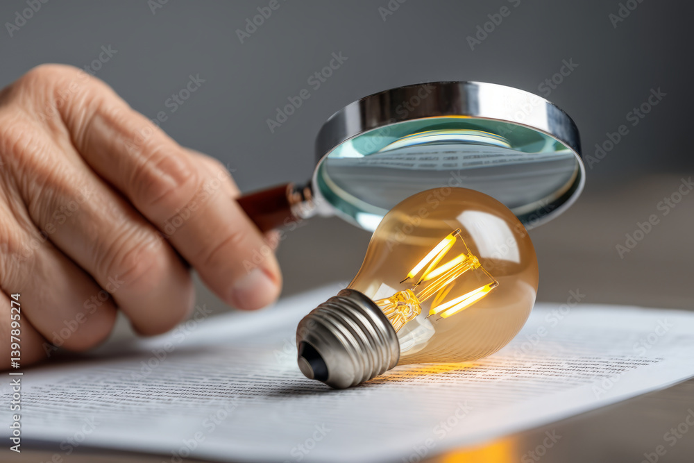 Hand Holding Magnifying Glass Over Light Bulb on Document for Creative Concept of Ideas Hand Holding Magnifying Glass Over Light Bulb on Document for Creative Concept of Ideas