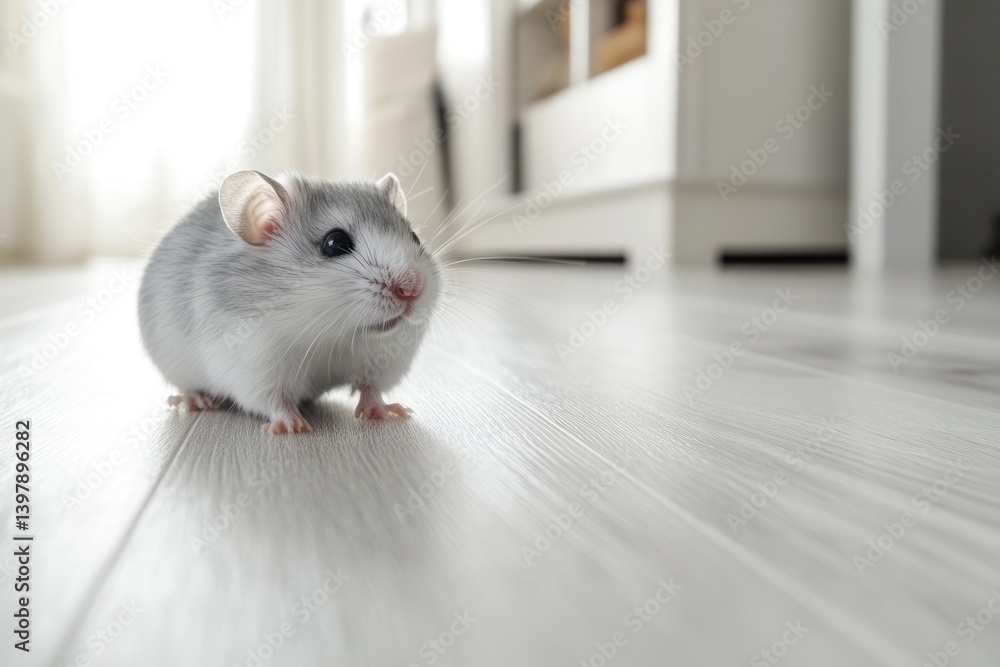 Obraz premium A small hamster stands on a light wood floor, in a house, for pet or lifestyle blog use