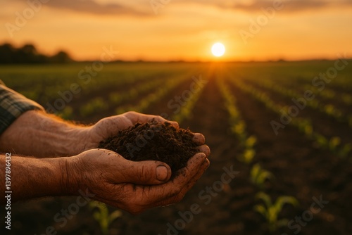 Harvesting Hope at Sunset With Hands Holding Rich Soil in a Green Field