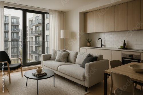 Modern Apartment Living Room With Open Kitchen and Balcony View During Daylig...