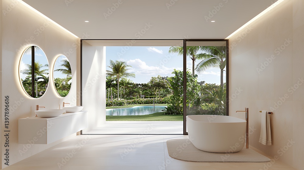 Fototapeta premium Modern tropical bathroom with pool view