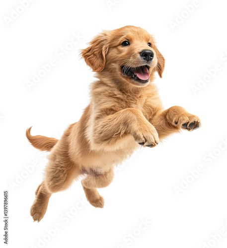 Joyful golden retriever puppy leaping in air pet playful happiness isolated on transparent background png