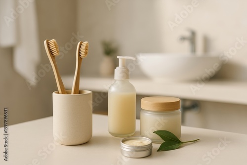 Natural Bathroom Setup Featuring Eco-Friendly Toiletries and Dental Care Esse...