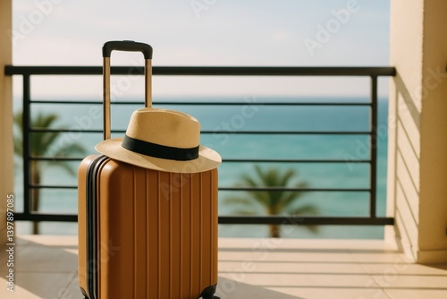 Stylish Suitcase and Hat on Balcony Overlooking Serene Beach and Ocean in Bri...