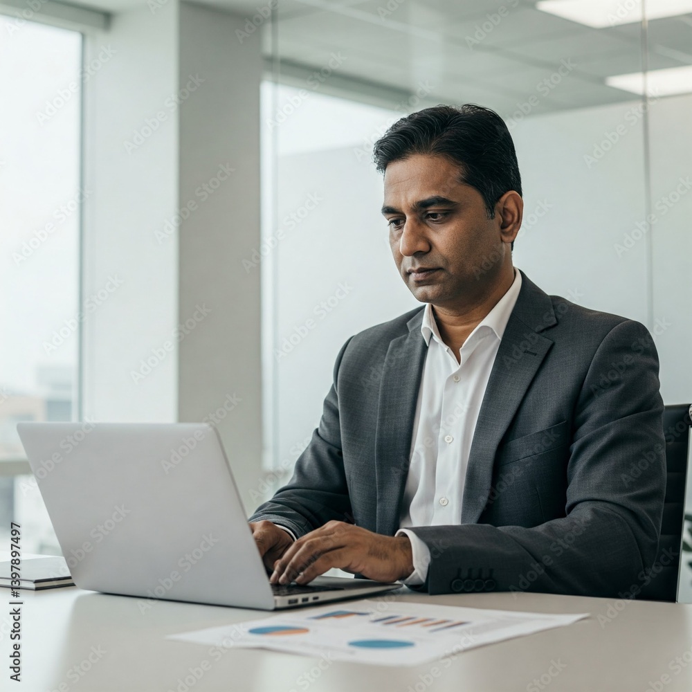 Focused Businessman Working on Laptop in Modern Office Focused Businessman Working on Laptop in Modern Office