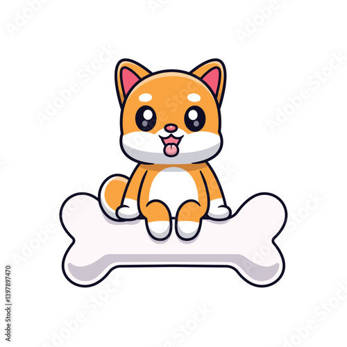 Cute Cartoon Shiba Inu Sitting On Bone Illustration Icon Vector, Animals Food And Drink, Cartoon Style Flat