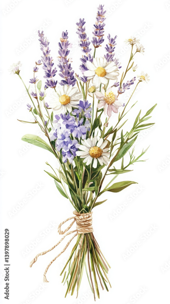 Fototapeta premium beautiful bouquet of wildflowers featuring lavender, daisies, and other blooms, tied with twine