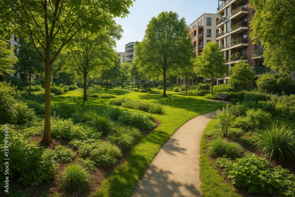 Urban Park Pathway Surrounded by Green Trees and Skyscrapers on a Sunny Day in the City Urban Park Pathway Surrounded by Green Trees and Skyscrapers on a Sunny Day in the City