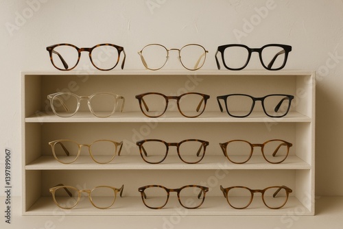 Stylish Eyeglasses Displayed on a Wooden Shelf in a Modern Interior Setting