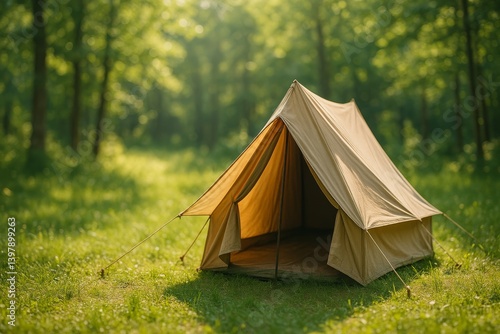 Canvas Tent Set up in a Forest During Daylight Surrounded by Greenery and Sun...
