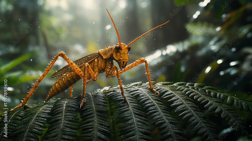 Fototapeta premium Orange katydid on fern, rainforest.