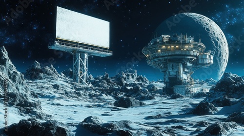 Fototapeta Naklejka Na Ścianę i Meble -  A futuristic billboard and a space station on an alien planet