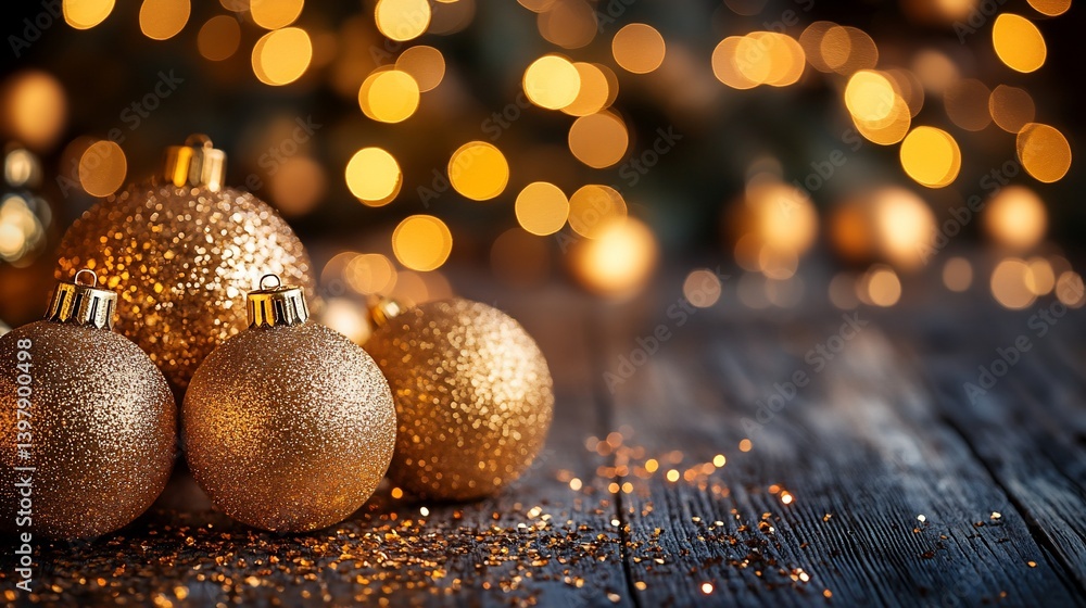 Fototapeta premium Ornaments on wood with blurred tree lights background, glittering decorations