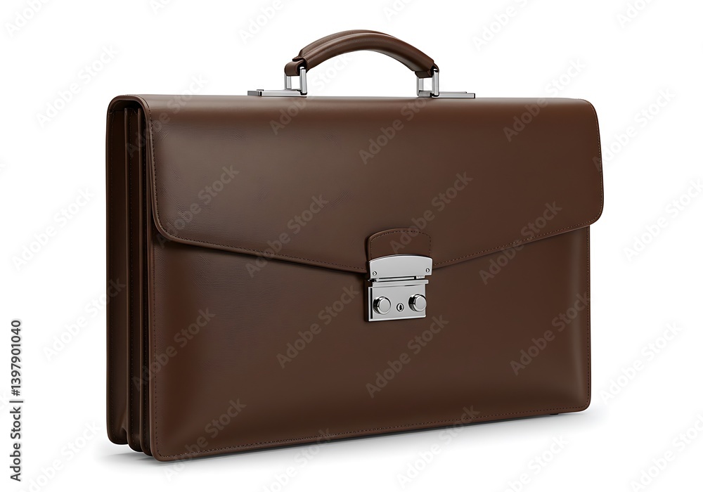 A brown leather briefcase with a silver latch and handle on a white background view A brown leather briefcase with a silver latch and handle on a white background view
