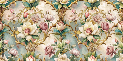 Elegant vintage floral wallpaper design featuring soft pastels and intricate details.