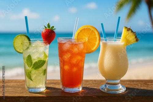 Colorful Cocktails and Beer Served on a Beachside Table During a Sunny Day