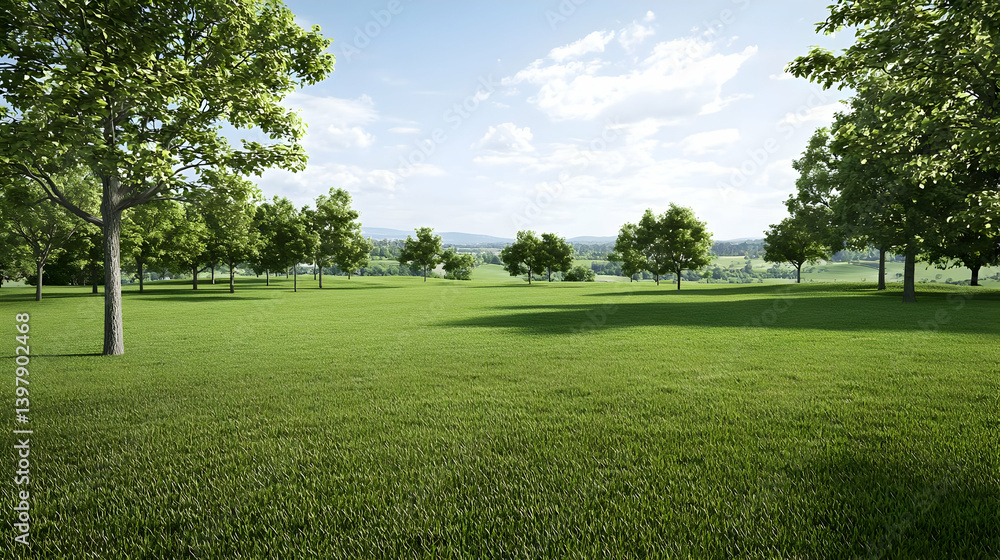 Fototapeta premium Green Field With Trees Under Sunny Sky