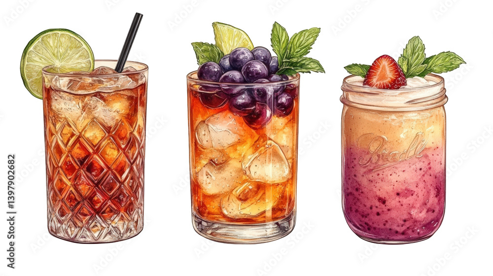 Three refreshing beverages displayed on a white background, showcasing vibrant colors and garnishes Three refreshing beverages displayed on a white background, showcasing vibrant colors and garnishes