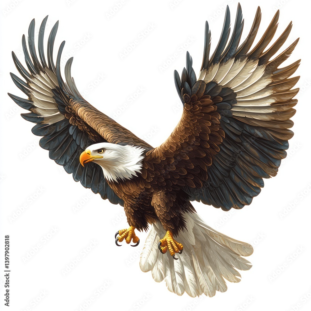 Obraz premium Majestic eagle soaring, wings outstretched, isolated white background, wildlife graphic.