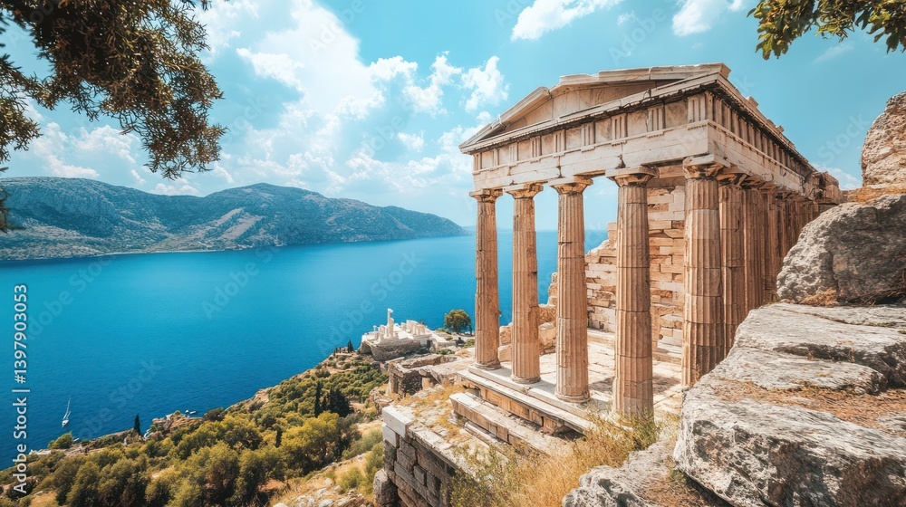 Fototapeta premium The Temple of Athena Pronaia on the Slopes of Delphi with Beautiful Seaside View