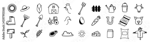 farm doodle icon hand drawing cow calf chicken duck pig funny