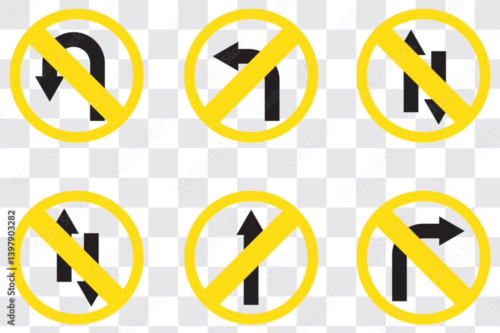 Red Arrows Showing Road Traffic. Prohibitory Road Signs. Vector Icons. No U-Turn, No Left and Right Turns, One-Way Traffic, and No Entry