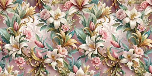 Elegant floral pattern featuring pink roses and lilies on a soft pastel background.