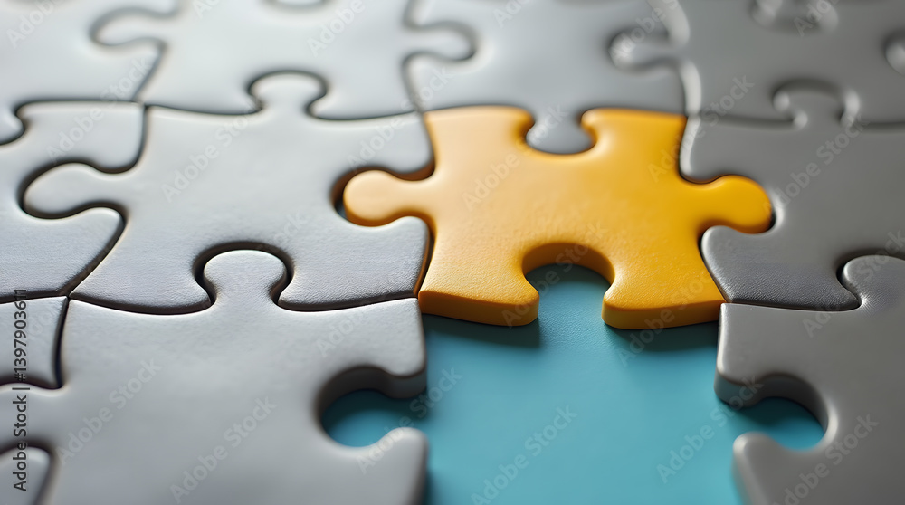 Gray Puzzle Pieces with Yellow Piece on Blue Gray Puzzle Pieces with Yellow Piece on Blue
