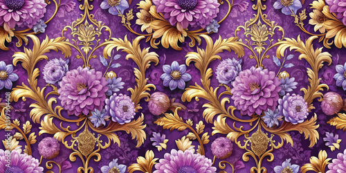 Elegant floral pattern featuring vibrant purple flowers and golden accents.