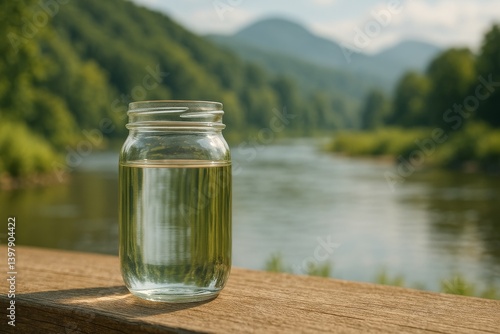 Clear Water Jar Placed on a Stone at a Serene Lake Surrounded by Green Hills ...
