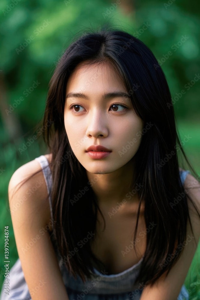 arafed asian woman sitting in the grass with a green background arafed asian woman sitting in the grass with a green background