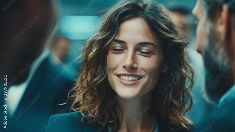 Smiling Businesswoman Engaging with Colleagues in Professional Setting Smiling Businesswoman Engaging with Colleagues in Professional Setting