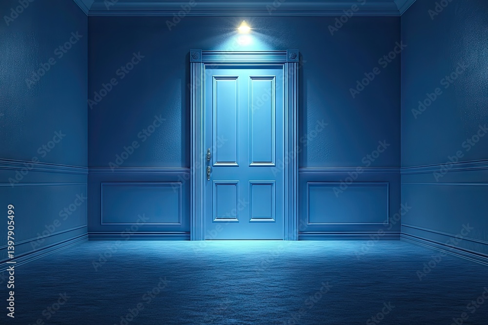 Blue room with closed door, illuminated by a single light above the entrance Blue room with closed door, illuminated by a single light above the entrance